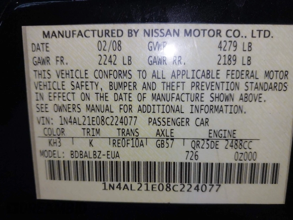 2008 Nissan Altima 2.5 S with VIN 1N4AL21E08C224077, listed as a IAAI auction lot 41812590 with 148,448 mi miles. Bid and sale history available at carsss.com. Image 9.