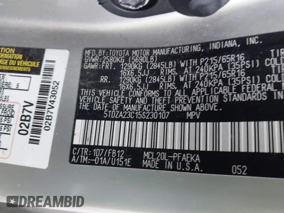 2005 Toyota Sienna CE with VIN 5TDZA23C15S230107, listed as a IAAI auction lot 41924994 with Not Provided miles and . Bid and sale history available at DreamBid. Image 9.