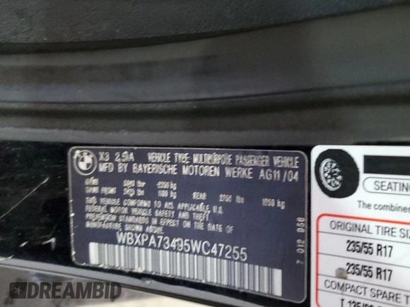 2005 BMW X3 2.5i with VIN WBXPA73495WC47255, listed as a Copart auction lot 80141924 with 156,285 mi miles and Salvage Title. Bid and sale history available at carsss.com. Image 13.