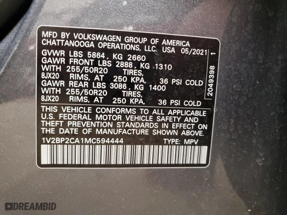 2021 Volkswagen Atlas 2.0T SEL with VIN 1V2BP2CA1MC594444, listed as a Copart auction lot 47747515 with 72,702 mi miles and Salvage Title. Bid and sale history available at carsss.com. Image 13.