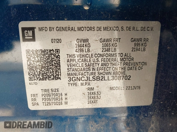 2020 Chevrolet Trax LT with VIN 3GNCJLSB2LL308702, listed as a IAAI auction lot 42081342 with 50,798 mi miles and . Bid and sale history available at DreamBid. Image 9.