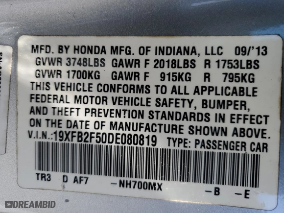 2013 Honda Civic Sdn LX with VIN 19XFB2F50DE080819, listed as a Copart auction lot 51474275 with 176,063 mi miles and Salvage Title. Bid and sale history available at carsss.com. Image 12.