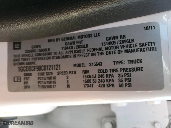 2012 Chevrolet Colorado LT w/1LT with VIN 1GCDSCF90C8121121, listed as a Copart auction lot 87881365 with 134,784 mi miles and Salvage Title. Bid and sale history available at carsss.com. Image 12.
