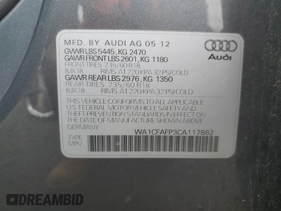 2012 Audi Q5 2.0T Premium with VIN WA1CFAFP3CA117862, listed as a Copart auction lot 51807805 with 131,013 mi miles and Clean Title. Bid and sale history available at carsss.com. Image 13.