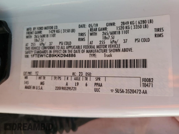 2019 Ford F-150 XL with VIN 1FTEW1CB9KKD94886, listed as a Copart auction lot 58865605 with 181,452 mi miles and Salvage title. Bid and sale history available at DreamBid. Image 12.