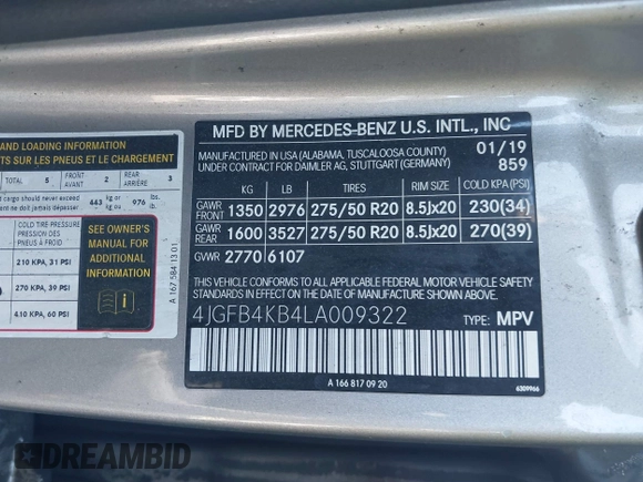 2020 Mercedes-Benz GLE 350 z VIN 4JGFB4KB4LA009322, wystawiony jako IAAI lot #40266912 z przebiegiem Nie podano mil oraz . Historia ofert i sprzedaży dostępna na DreamBid. Obrazek 9.