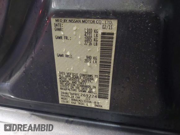 2015 Nissan Altima 2.5 S with VIN 1N4AL3AP8FC269224, listed as a IAAI auction lot 42021842 with 211,816 mi miles and . Bid and sale history available at carsss.com. Image 9.