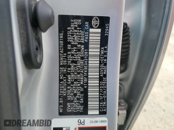 2014 Toyota Camry L with VIN 4T1BF1FK9EU431261, listed as a Copart auction lot 52288375 with 109,494 mi miles and Salvage Title. Bid and sale history available at DreamBid. Image 12.