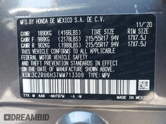 2021 Honda HR-V LX with VIN 3CZRU6H37MM713309, listed as a IAAI auction lot 42171397 with 25,693 mi miles and . Bid and sale history available at carsss.com. Image 9.