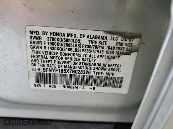 2007 Honda Pilot EX-L с VIN 5FNYF185X7B028326, выставлен на аукционе Copart как лот 62481655 с пробегом Не указан миль и Чистый • Clean title. История ставок и продаж доступна на DreamBid. Изображение 13.
