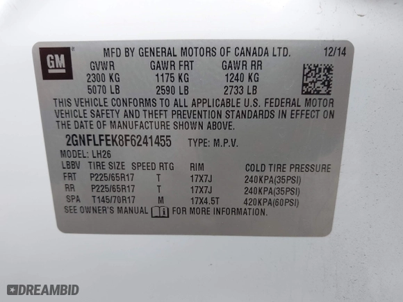 2015 Chevrolet Equinox LT with VIN 2GNFLFEK8F6241455, listed as a IAAI auction lot 42047684 with 172,000 mi miles. Bid and sale history available at carsss.com. Image 9.