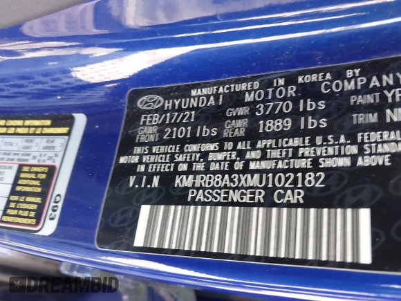 2021 Hyundai Venue SE with VIN KMHRB8A3XMU102182, listed as a IAAI auction lot 41987687 with 58,733 mi miles and . Bid and sale history available at DreamBid. Image 9.