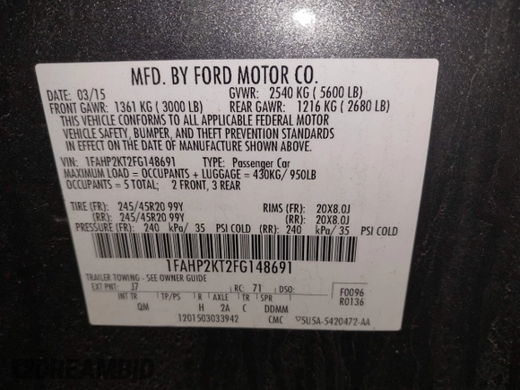 2015 Ford Taurus SHO with VIN 1FAHP2KT2FG148691, listed as a IAAI auction lot 42033867 with 94,840 mi miles and . Bid and sale history available at DreamBid. Image 9.