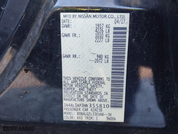 2017 Nissan Altima 2.5 S with VIN 1N4AL3AP3HN355810, listed as a IAAI auction lot 41344659 with 127,991 mi miles. Bid and sale history available at carsss.com. Image 9.