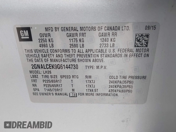2016 Chevrolet Equinox LT with VIN 2GNALCEK9G6144730, listed as a IAAI auction lot 41275668 with 150,318 mi miles and . Bid and sale history available at DreamBid. Image 9.