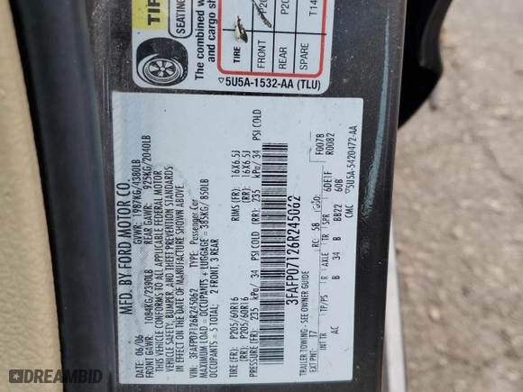 2006 Ford Fusion SE with VIN 3FAFP07126R245062, listed as a Copart auction lot 85845514 with 162,144 mi miles and Salvage Title. Bid and sale history available at carsss.com. Image 12.