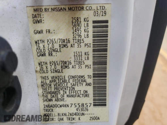 2019 Nissan Frontier SV with VIN 1N6AD0CW4KN755857, listed as a Copart auction lot 57428615 with 38,532 mi miles and Salvage title. Bid and sale history available at DreamBid. Image 12.