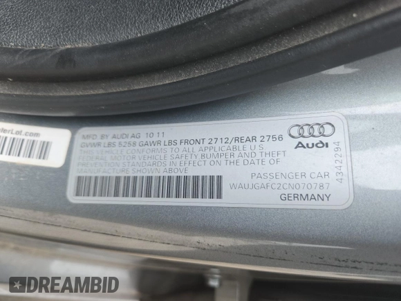 2012 Audi A6 Prestige with VIN WAUJGAFC2CN070787, listed as a Copart auction lot 60617945 with 193,589 mi miles and Salvage title. Bid and sale history available at DreamBid. Image 12.