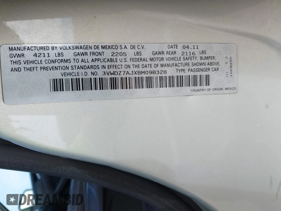 2011 Volkswagen Jetta SE with VIN 3VWDZ7AJXBM098328, listed as a IAAI auction lot 41819874 with 133,877 mi miles and . Bid and sale history available at DreamBid. Image 9.