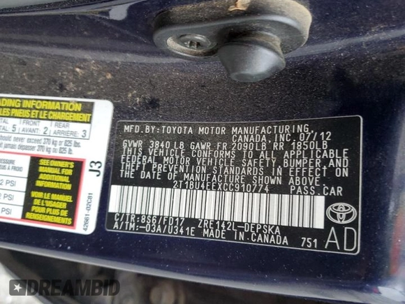 2012 Toyota Corolla L with VIN 2T1BU4EEXCC910774, listed as a Copart auction lot 50650425 with 194,264 mi miles and Salvage Title. Bid and sale history available at carsss.com. Image 13.