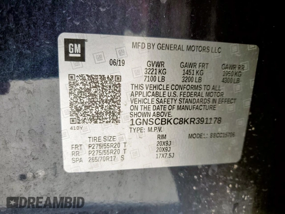 2019 Chevrolet Tahoe LT with VIN 1GNSCBKC8KR391178, listed as a Copart auction lot 60368925 with 174,742 mi miles and Clean title. Bid and sale history available at DreamBid. Image 13.