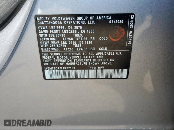 2020 Volkswagen Atlas SEL with VIN 1V2MC2CA6LC207180, listed as a Copart auction lot 61942554 with 58,814 mi miles and Clean title. Bid and sale history available at DreamBid. Image 12.