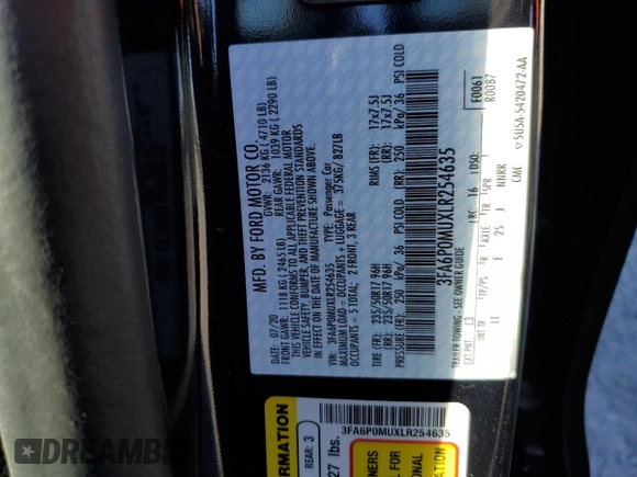2020 Ford Fusion Hybrid SEL with VIN 3FA6P0MUXLR254635, listed as a Copart auction lot 67169842 with 0 mi miles. Bid and sale history available at carsss.com. Image 10.