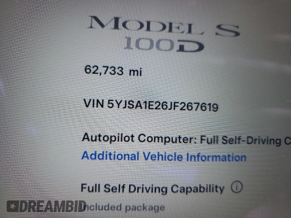 2018 Tesla Model S 75D with VIN 5YJSA1E26JF267619, listed as a Copart auction lot 54504865 with 62,733 mi miles and Salvage Title. Bid and sale history available at DreamBid. Image 9.