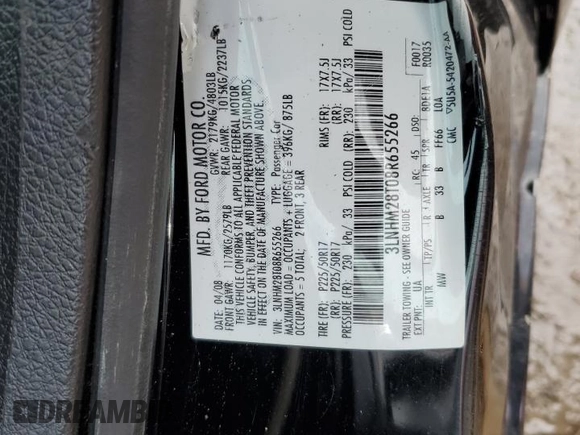 2008 Lincoln MKZ with VIN 3LNHM28T08R655266, listed as a Copart auction lot 47557385 with 171,766 mi miles and Clean Title. Bid and sale history available at DreamBid. Image 12.