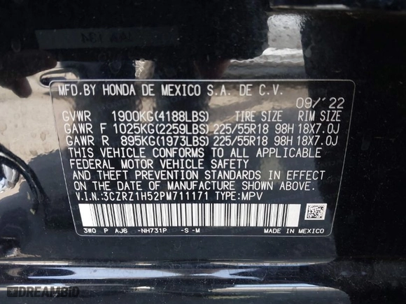 2023 Honda HR-V Sport with VIN 3CZRZ1H52PM711171, listed as a IAAI auction lot 41679151 with 33,183 mi miles. Bid and sale history available at carsss.com. Image 9.