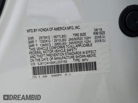 2019 Acura MDX Technology with VIN 5J8YD4H54KL003159, listed as a Copart auction lot 60716275 with 40,992 mi miles and Salvage title. Bid and sale history available at DreamBid. Image 13.