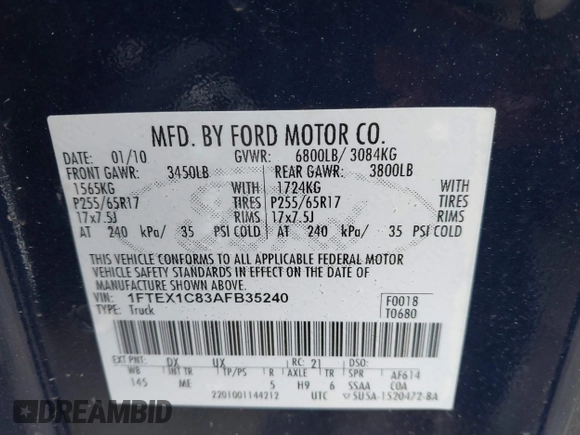 2010 Ford F-150 XL with VIN 1FTEX1C83AFB35240, listed as a IAAI auction lot 41370586 with 21,658 mi miles. Bid and sale history available at carsss.com. Image 9.