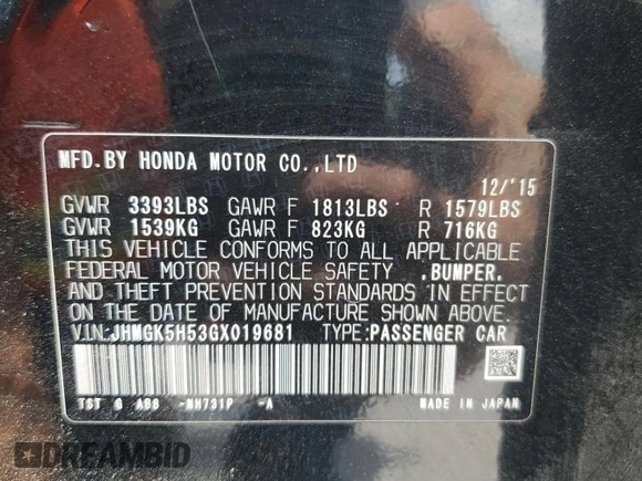 2016 Honda Fit LX с VIN JHMGK5H53GX019681, выставлен на аукционе Copart как лот 65819615 с пробегом 63 323 миль миль и Списание • Salvage title. История ставок и продаж доступна на DreamBid. Изображение 12.