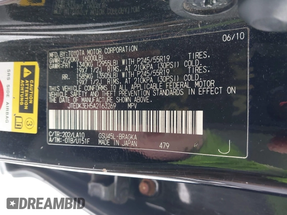 2010 Toyota Highlander Limited with VIN JTEDK3EH5A2163269, listed as a IAAI auction lot 41553517 with 114,794 mi miles and . Bid and sale history available at DreamBid. Image 9.