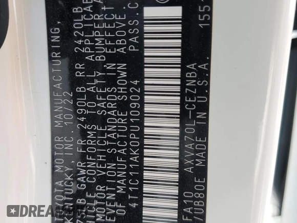 2023 Toyota Camry LE z VIN 4T1C11AK0PU109024, wystawiony jako Copart lot #50105815 z przebiegiem 43 666 mil mil oraz Szkoda całkowita • Salvage title. Historia ofert i sprzedaży dostępna na DreamBid. Obrazek 15.