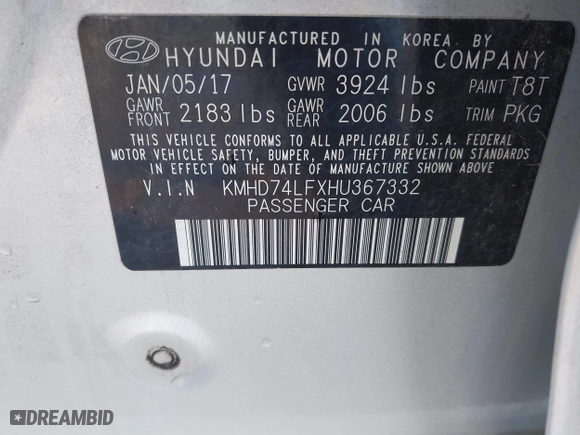 2017 Hyundai Elantra SE with VIN KMHD74LFXHU367332, listed as a IAAI auction lot 41652651 with 110,101 mi miles. Bid and sale history available at carsss.com. Image 9.