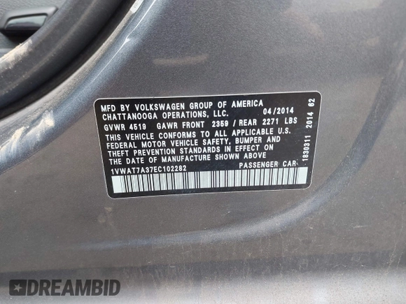 2014 Volkswagen Passat Wolfsburg Edition with VIN 1VWAT7A37EC102282, listed as a IAAI auction lot 42310561 with 113,374 mi miles and . Bid and sale history available at DreamBid. Image 9.
