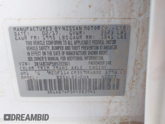 2017 Nissan Sentra SL with VIN 3N1AB7AP5HY283941, listed as a IAAI auction lot 41952346 with 160,922 mi miles and . Bid and sale history available at DreamBid. Image 9.