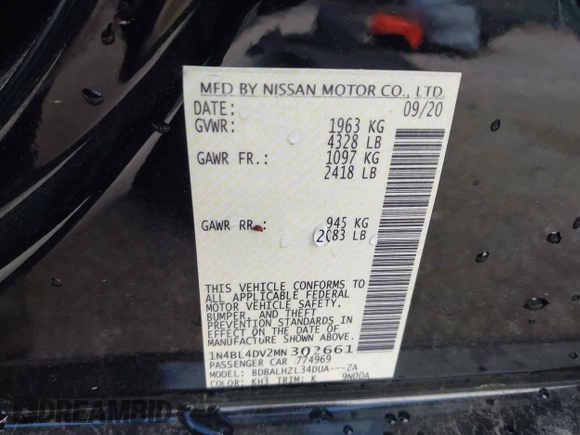 2021 Nissan Altima SV with VIN 1N4BL4DV2MN302661, listed as a IAAI auction lot 42290909 with 78,393 mi miles and . Bid and sale history available at DreamBid. Image 9.