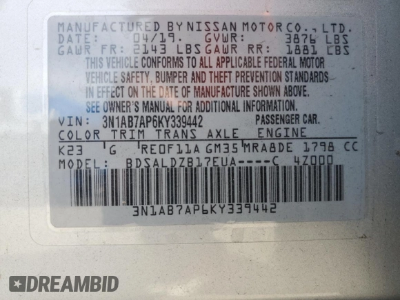 2019 Nissan Sentra SV with VIN 3N1AB7AP6KY339442, listed as a Copart auction lot 49422205 with 109,293 mi miles and Clean Title. Bid and sale history available at DreamBid. Image 12.
