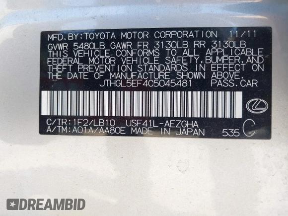 2012 Lexus LS 460 L with VIN JTHGL5EF4C5045481, listed as a IAAI auction lot 41814937 with 96,449 mi miles and . Bid and sale history available at DreamBid. Image 9.