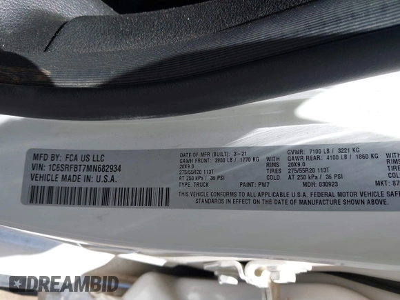 2021 Ram 1500 Big Horn с VIN 1C6SRFBT7MN682934, выставлен на аукционе IAAI как лот 42239094 с пробегом 85 381 миль миль и . История ставок и продаж доступна на DreamBid. Изображение 9.