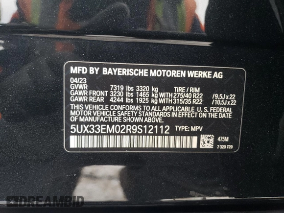 2024 BMW X7 M60i with VIN 5UX33EM02R9S12112, listed as a Copart auction lot 88053915 with 82,393 mi miles and Salvage Title. Bid and sale history available at carsss.com. Image 15.