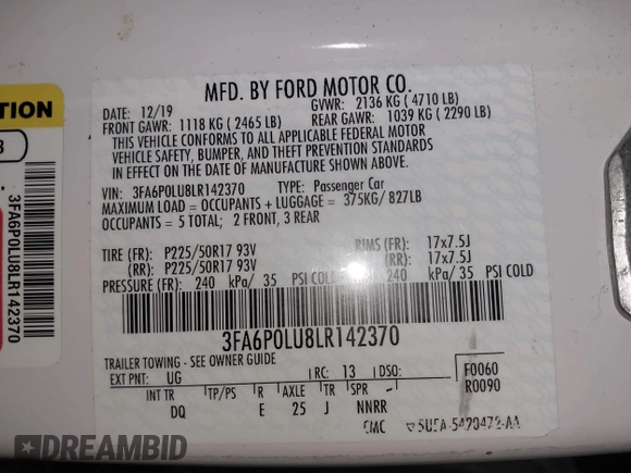 2020 Ford Fusion SE z VIN 3FA6P0LU8LR142370, wystawiony jako IAAI lot #42457342 z przebiegiem 53 808 mil mil oraz . Historia ofert i sprzedaży dostępna na DreamBid. Obrazek 9.