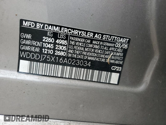 2006 Mercedes-Benz CLS 500 with VIN WDDDJ75X16A023034, listed as a Copart auction lot 61050305 with Not provided miles and Salvage title. Bid and sale history available at DreamBid. Image 12.