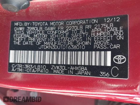 2013 Toyota Prius One with VIN JTDKN3DU1D1638010, listed as a IAAI auction lot 41599746 with 1 mi miles. Bid and sale history available at carsss.com. Image 9.