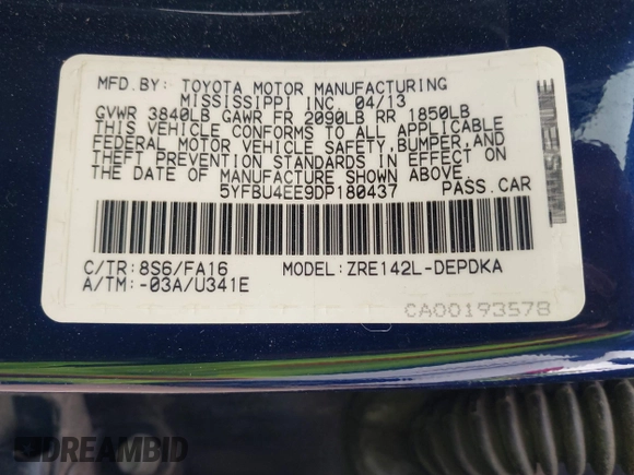 2013 Toyota Corolla L with VIN 5YFBU4EE9DP180437, listed as a IAAI auction lot 41520828 with 170,691 mi miles. Bid and sale history available at carsss.com. Image 9.