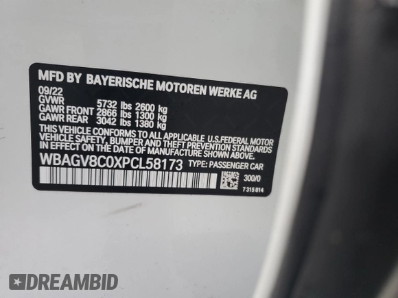 2023 BMW 8 Series M850i z VIN WBAGV8C0XPCL58173, wystawiony jako Copart lot #76322394 z przebiegiem 24 954 mil mil oraz Nie do naprawy • Non repairable. Historia ofert i sprzedaży dostępna na DreamBid. Obrazek 13.