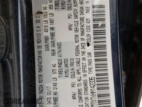 2017 Mazda 3 Touring with VIN 3MZBN1V7XHM142335, listed as a Copart auction lot 53129765 with 161,158 mi miles and Salvage Title. Bid and sale history available at DreamBid. Image 13.