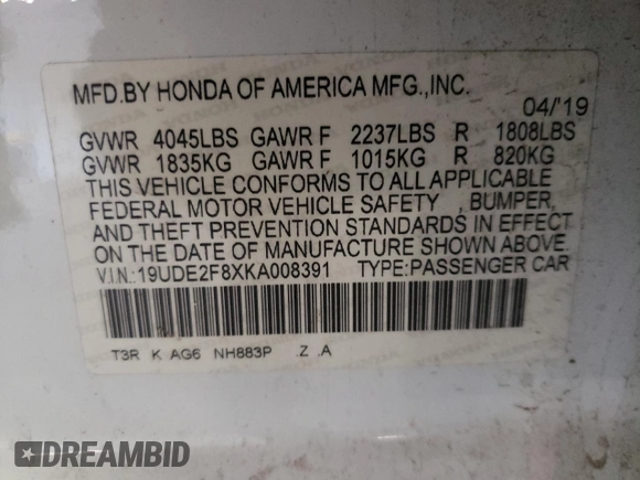 2019 Acura ILX Premium with VIN 19UDE2F8XKA008391, listed as a Copart auction lot 63938363 with 93,870 mi miles and . Bid and sale history available at DreamBid. Image 12.